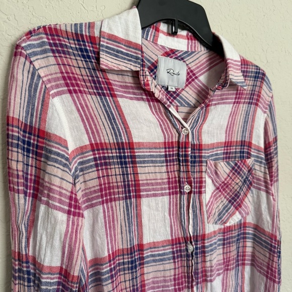 Rails Charli White Peach Fuschia Button Up Top Size XS Plaid Americana Cabincore - Picture 2 of 6